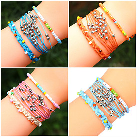 Waterproof wax rope handmade braided bracelet set - Bohemian style, adjustable, colorful.