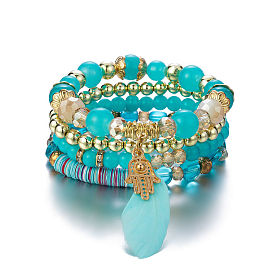 Bohemian Bracelet Set with Colorful Crystal Beads, Feather and Ethnic Style Jewelry