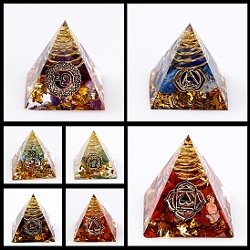 Chakra Pattern Orgonite Pyramid Resin Display Decorations, with Brass Findings and Gemstone Chips Inside, for Home Office Desk