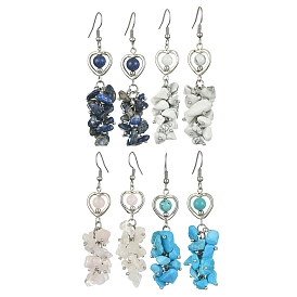 Alloy Heart Dangle Earrings with 304 Stainless Steel Pins, Natural & Synthetic Mixed Gemstone Chips Cluster Earrings