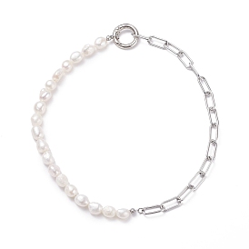 Natural Keshi Pearl Beaded Necklace with 304 Stainless Steel Paperclip Chains for Women