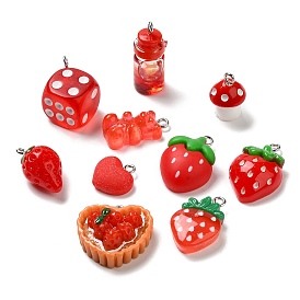 Resin Pendants, with Platinum Plated Iron Loops, Dice & Strawberry & Bear, Mixed Shapes