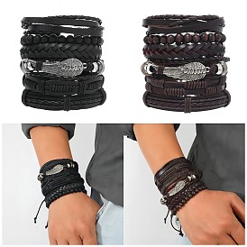 Retro Leather Beaded Bracelet Set with Multiple Wings - Handmade Fashion Jewelry