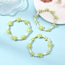 3Pcs 3 Styles Dyed Synthetic Turquoise Beads Stretch Bracelets for Women Men, Starfish & Turtle