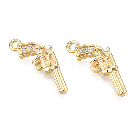 Brass Micro Pave Cubic Zirconia Pendants, Real 18K Gold Plated, Pistol
