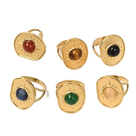 Natural Gemstone Finger Rings, Oval with Sun Golden Tone 304 Stainless Steel Cuff Rings for Women