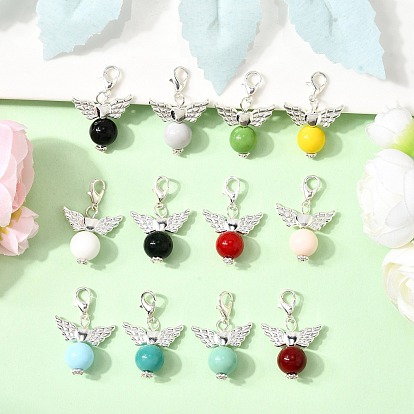 12 шт. непрозрачные однотонные стеклянные подвесные украшения, ангел, с тибетском стиле сплава