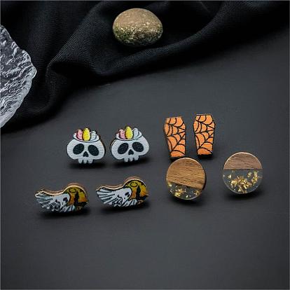 Halloween Printed Wood Stud Earring Sets, Resin & Wood Flat Round Ear Studs for Women