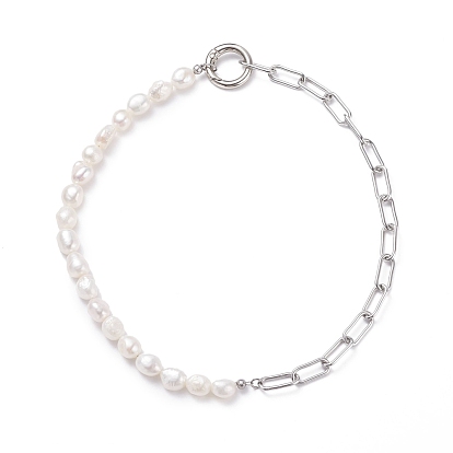 Natural Keshi Pearl Beaded Necklace with 304 Stainless Steel Paperclip Chains for Women