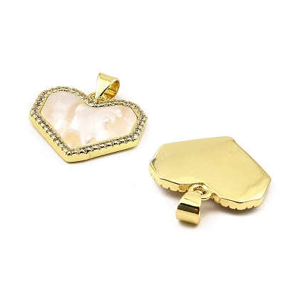 Rack Plating Real 18K Gold Plated Brass Pendants, with Cubic Zirconia and Shell, Long-Lasting Plated, Lead Free & Cadmium Free, Heart
