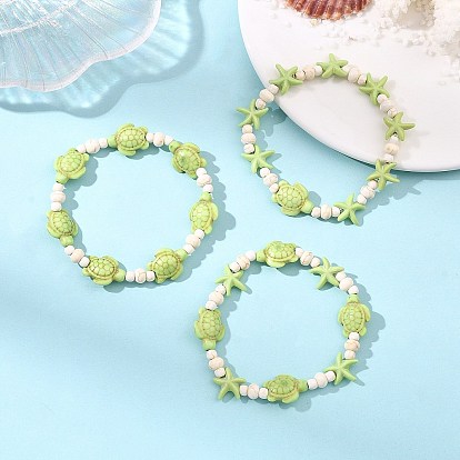 3Pcs 3 Styles Dyed Synthetic Turquoise Beads Stretch Bracelets for Women Men, Starfish & Turtle