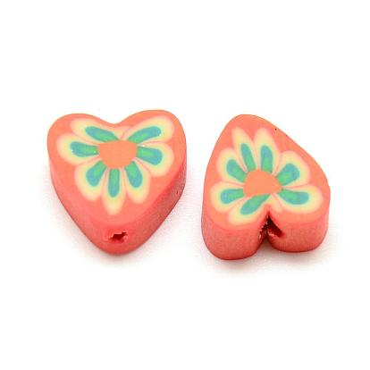 Handmade Polymer Clay Beads, Heart with Flower