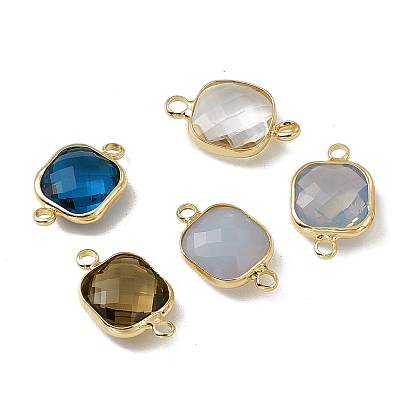 Transparent K9 Glass Connector Charms, with Light Gold Plated Brass Findings, Faceted, Square Links