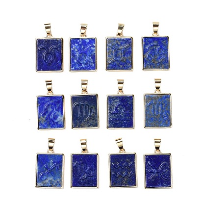 12Pcs 12 Styles Natural Gemstone Pendants, Rectangle Charms with Twelve Constellations, with Rack Plating Light Gold Tone Brass Findings, Cadmium Free & Lead Free