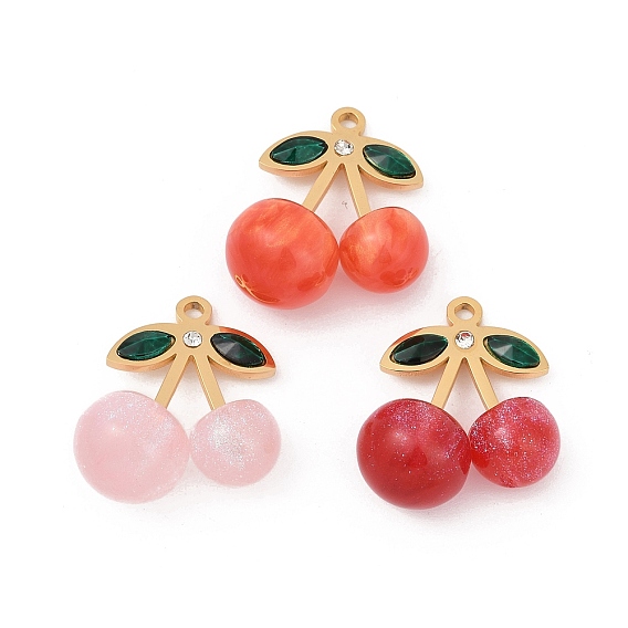 304 подвески из нержавеющей стали, вишня, со смолой, стразами и блестящей пудрой, ионное покрытие (ip), реальный 18 k позолоченный