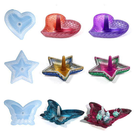 DIY Silicone Finger Rings Display Holder Tray Molds, Resin Casting Molds, for UV Resin, Epoxy Resin Craft Making, Heart/Butterfly/Star