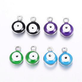 304 Stainless Steel Enamel Charms, Flat Round with Evil Eye, Stainless Steel Color