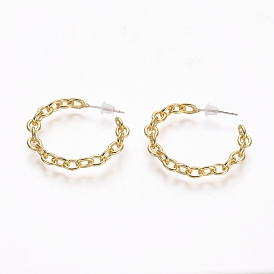 Semicircular Brass Cable Chain Stud Earrings, Half Hoop Earrings, with 925 Sterling Silver Pins and Plastic Ear Nuts, Long-Lasting Plated