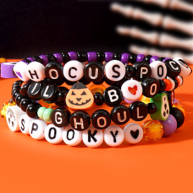 4Pcs Halloween Polymer Clay & Acrylic Skull Stretch Beaded Bracelet Sets