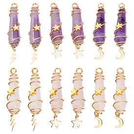 12 шт. 6 стили натуральный аметист и розовый кварц заостренные медные проволоки обернутые граненые пули большие подвески, металлические подвески в виде луны, звезды, молнии