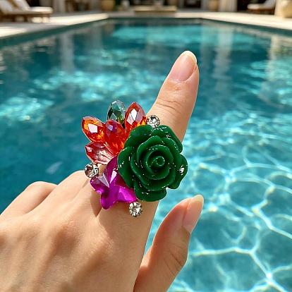 Anillos ajustables de cristal con diamantes de imitación para mujer, flor de mariposa, Anillos de dedo de resina de aleación de zinc, dorado