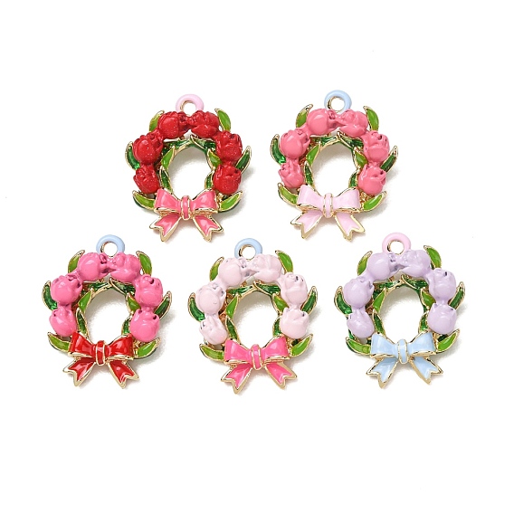 Alloy Enamel Pendants, Wreath with Bowknot Charms