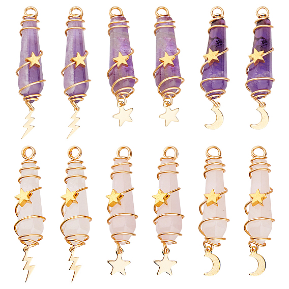 12 шт. 6 стили натуральный аметист и розовый кварц заостренные медные проволоки обернутые граненые пули большие подвески, металлические подвески в виде луны, звезды, молнии