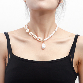 Handmade Shell and Faux Pearl Choker Necklace for Women, Beachy Boho Style