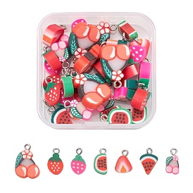 35Pcs 7 Style Handmade Polymer Clay Pendants, with Platinum Iron Findings, Imitation Food, Strawberry & Watermelon & Cherry