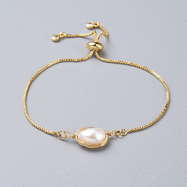 Bracelets coulissants en laiton, bracelets bolo, avec perles de keshi perle baroque naturelle et chaînes de boîte
