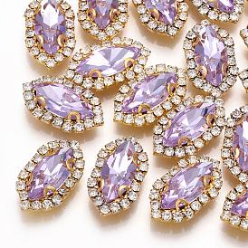 Sew on Rhinestone, Multi-strand Links, Glass Rhinestones, with Brass Findings, Garments Accessories, Horse Eye, Golden