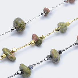 Natural Unakite Handmade Beaded Chains, Soldered, with Spool, with Eco-Friendly Brass Findings, Long-Lasting Plated, Nuggets