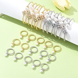 Heart Clover Brass Micro Pave Cubic Zirconia Cuff Bangles & Rings Sets for Women, with Acrylic Pearl, Rack Plating