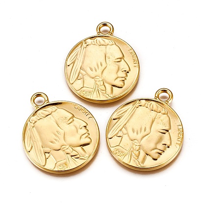 Tibetan Style Coin Pendants, Lead Free & Cadmium Free, Flat Round with Indian Head and Buffalo, 40x33x3mm, Hole: 4mm