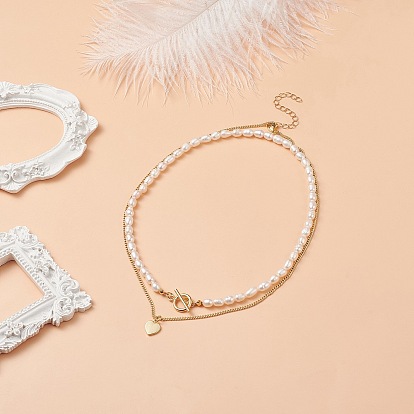 2 pcs 2 ensemble de collier de perles naturelles de style, bracelets empilables à breloque coeur en laiton pour femme