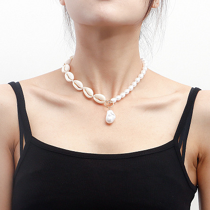 Handmade Shell and Faux Pearl Choker Necklace for Women, Beachy Boho Style