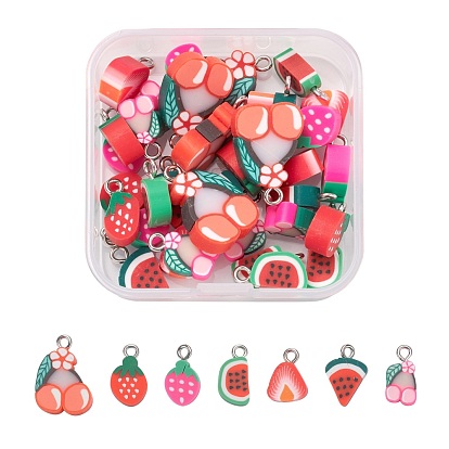 35Pcs 7 Style Handmade Polymer Clay Pendants, with Platinum Iron Findings, Imitation Food, Strawberry & Watermelon & Cherry