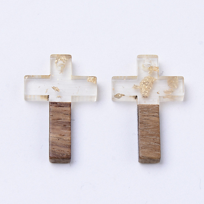 Resin & Walnut Wood Pendants, with Gold Foil, Cross