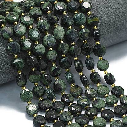 Нити бусин из натуральной зеленой яшмы камбаба, граненый шестиугольный разрез, плоско-круглые, с бисером