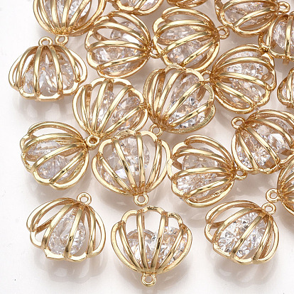 Brass Cubic Zirconia Charms, Hollow, Shell, Clear, Real 18K Gold Plated