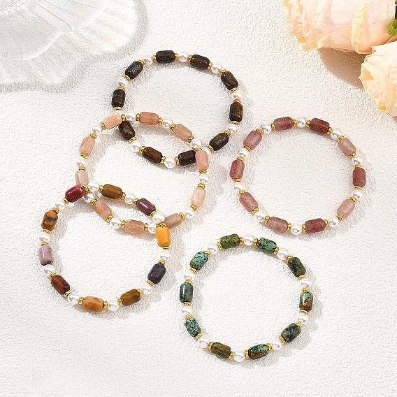 Natural Sunstone/Natural Strawberry Quartz/Natural African Turquoise(Jasper)/Natural Bronzite/Natural Mookaite & Shell Pearl & Brass Beads Stretch Bracelets for Women, Barrel, Golden