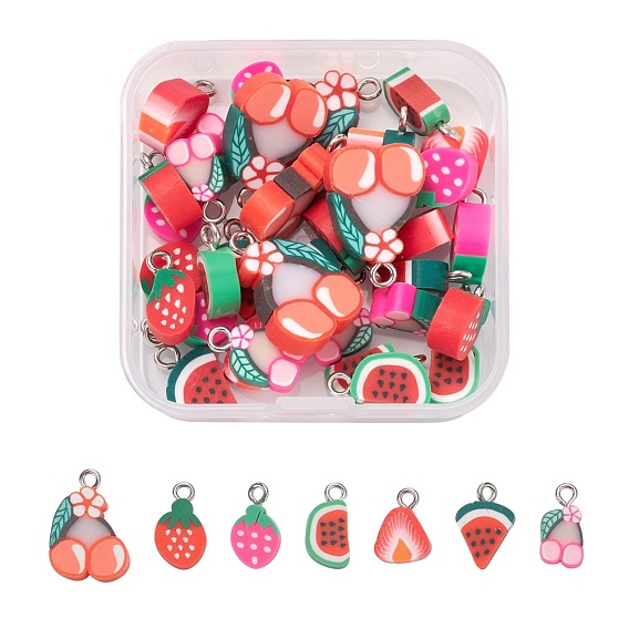 35Pcs 7 Style Handmade Polymer Clay Pendants, with Platinum Iron Findings, Imitation Food, Strawberry & Watermelon & Cherry