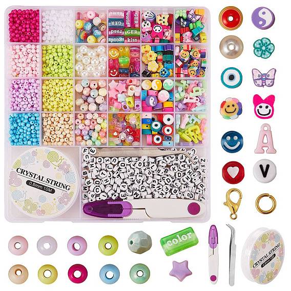 Комплект для изготовления ювелирных изделий из бисера своими руками, включая полимерную глину и абс-пластик, имитирующий жемчуг, акриловые и смоляные бусины, акриловые подвески, Сплав застежками, железа прыжок кольцо, эластичная нить, резать ножницами, выщипывать пинцетом