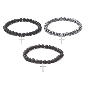 3Pcs Natural & Synthetic Mixed Gemstone Beads Stretch Bracelets, Cross 201 Stainless Steel Charm Bracelets for Women