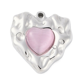 304 Stainless Steel Pendants, with Cat Eye, Heart Charm, Stainless Steel Color