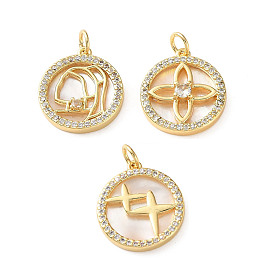 Brass Micro Pave Clear Cubic Zirconia Pendants, with White Shell, Flat Round Charms, Cadmium Free & Lead Free, Rack Plating, Long-Lasting Plated