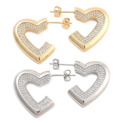 Brass Pave Cubic Zirconia Stud Earrings, Heart