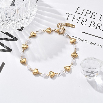 Ионное покрытие (IP) 304 браслеты из нержавеющей стали для женщин, с пластиковой жемчужины, сердце