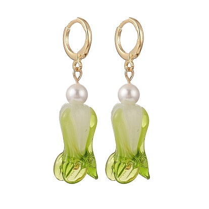 Handmade Lampwork Chinese Cabbage Dangle Leverback Earrings, with Round Shell Pearl Beads, 304 Stainless Steel Jewelry for Women, Real 24K Gold Plated