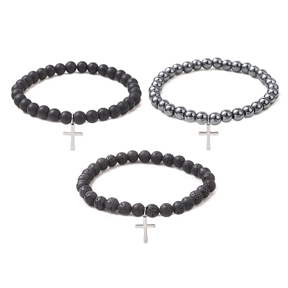 3 браслеты из натуральных и синтетических бусин, изготовленные из смеси драгоценных камней, браслеты с подвесками из нержавеющей стали в виде креста для женщин